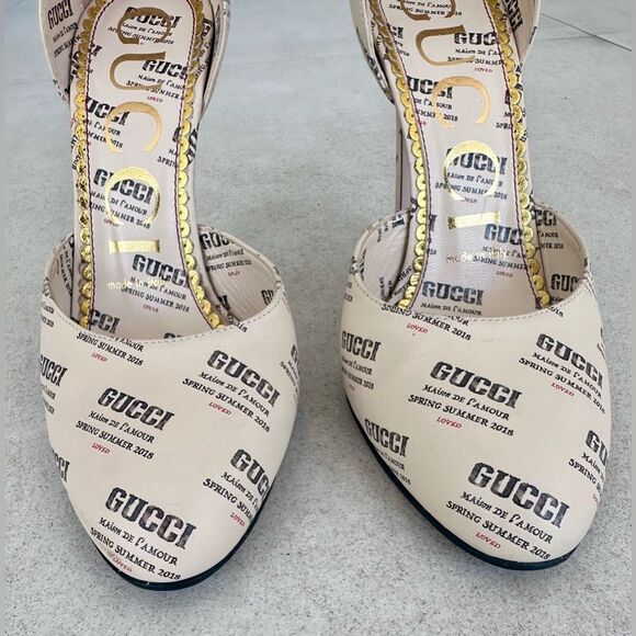 Gucci Apollo Gucci Stamp Print Beige Leather Logo Ankle Strap Pumps EU37.5 US7.5 - Picture 5 of 12